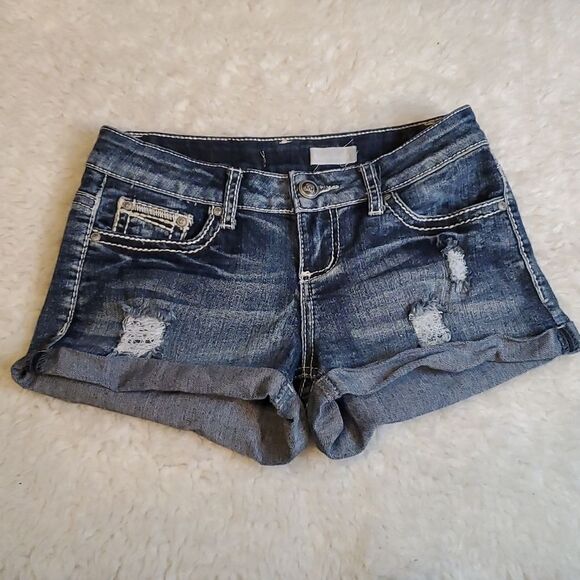 Soundgirl Juniors Distressed Blue Jean Shorts Women Size 5 Low Rise Stretch - Picture 1 of 9